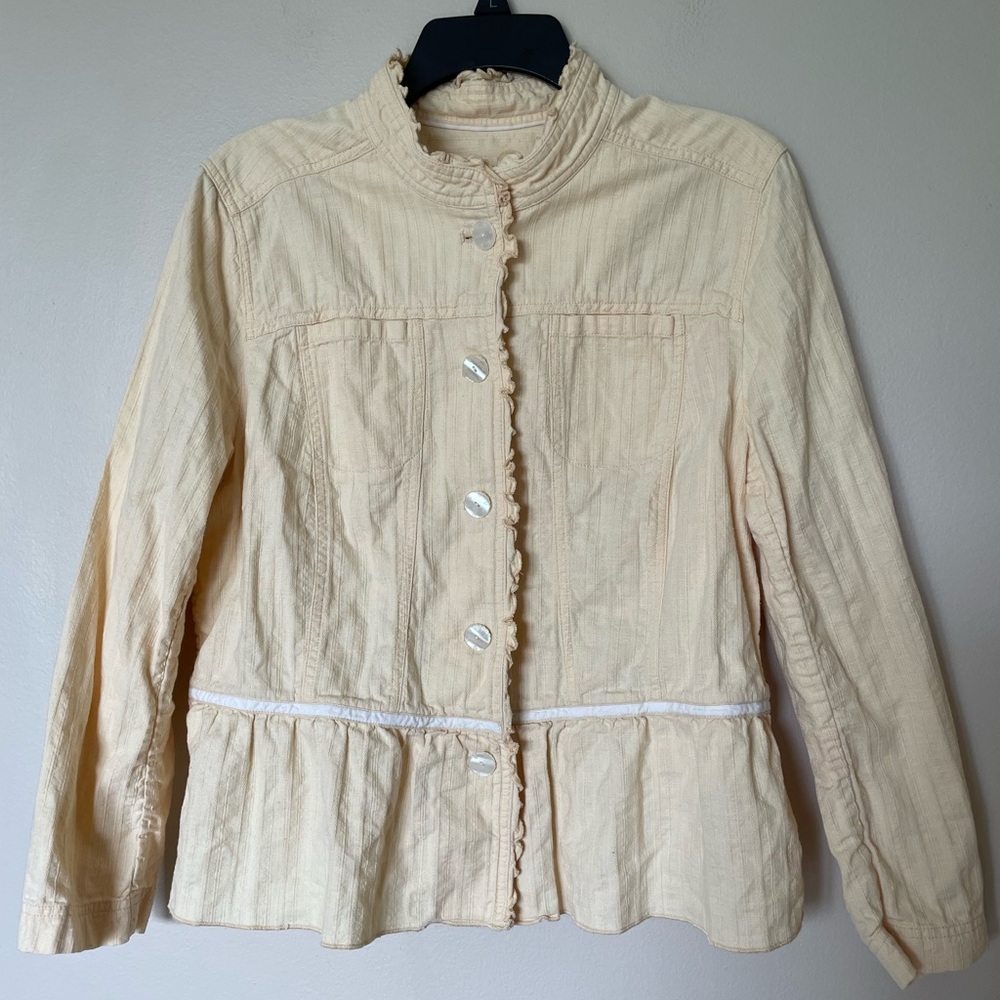 J. Jill Pastel Yellow Ruffled Mandarin Jacket 100% Cotton Size Petite Large PL - Picture 7 of 11